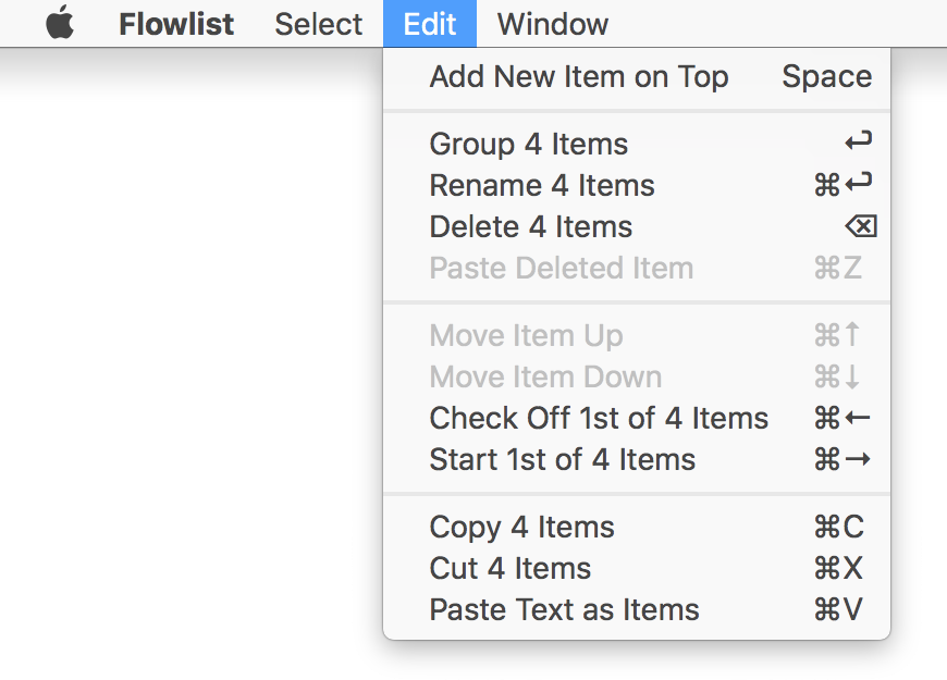 The menus show the available key commands for rapid list editing. task management, task, app, flow, todo list, flowlist, task list, omnifocus, wunderlist, todoist, focus, trello, agenda, agile, kanban, productivity, apple, mac, macos, ios, osx, self management, project management, organizer, getting things done, getting shit done, note taking, brainstorming, creative writing, hierarchical data
