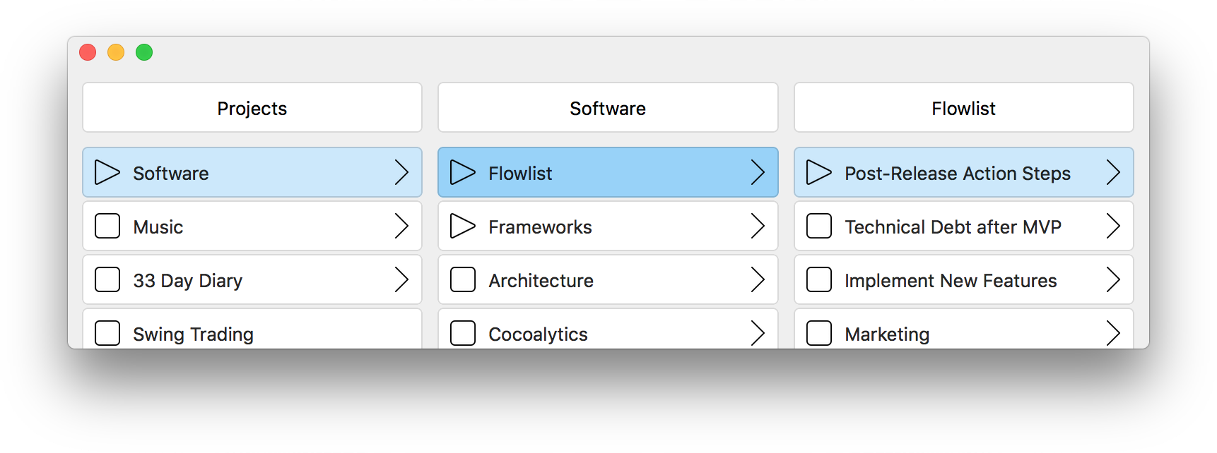 Hierarchical Items Can Express Many Levels of Detail. task management, task, app, flow, todo list, flowlist, task list, omnifocus, wunderlist, todoist, focus, trello, agenda, agile, kanban, productivity, apple, mac, macos, ios, osx, self management, project management, organizer, getting things done, getting shit done, note taking, brainstorming, creative writing, hierarchical data